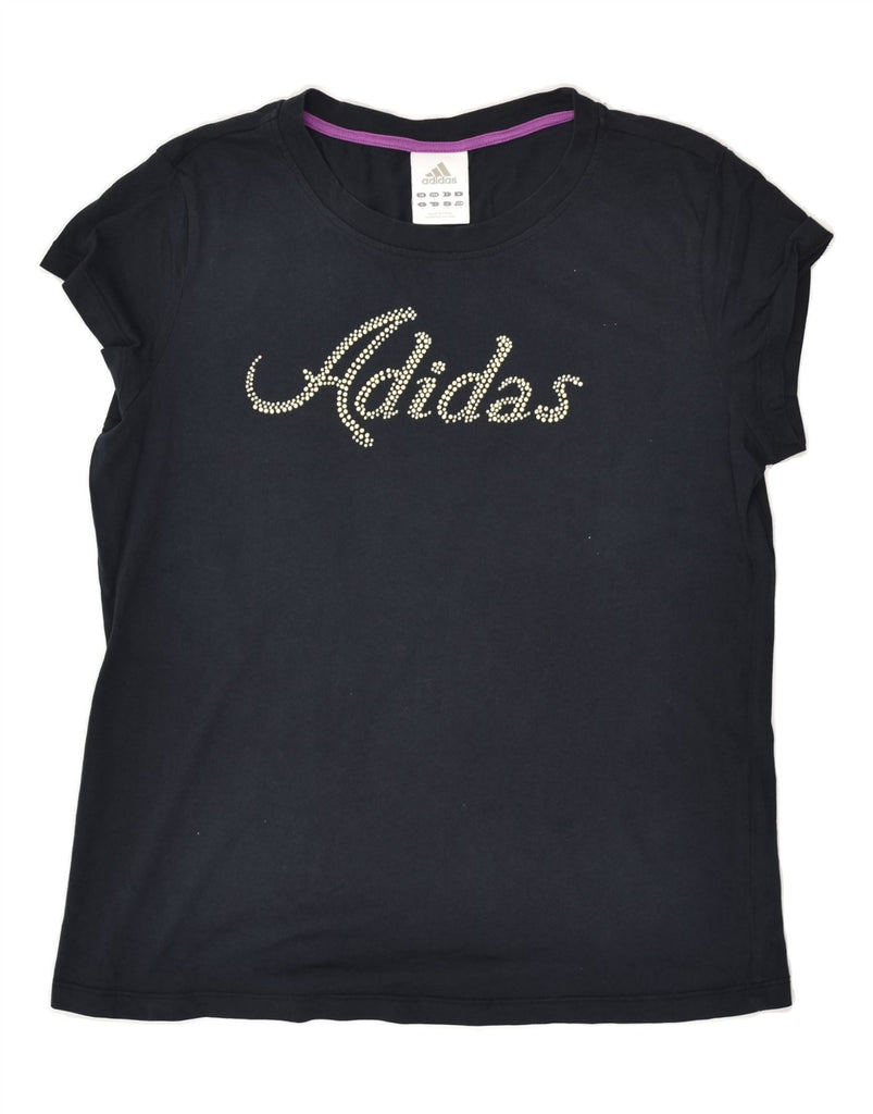 ADIDAS Womens Graphic T-Shirt Top UK 14 Large Navy Blue Cotton | Vintage Adidas | Thrift | Second-Hand Adidas | Used Clothing | Messina Hembry 