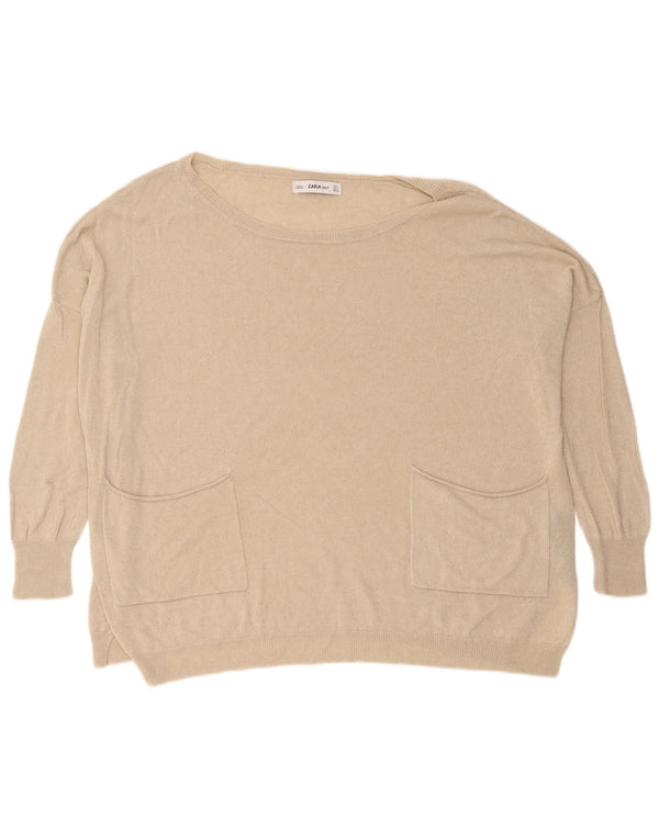 Zara Womens Oversized Boat Neck Jumper Sweater UK 16 Large Beige Viscose