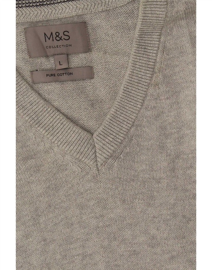 Marks & Spencer Mens V-Neck Jumper Sweater Large Grey Cotton
