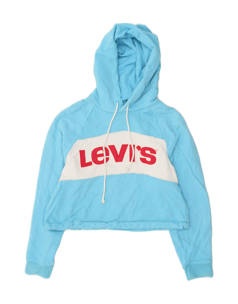 LEVI'S Womens Graphic Crop Hoodie Jumper UK 6 XS Blue Colourblock | Vintage Levi's | Thrift | Second-Hand Levi's | Used Clothing | Messina Hembry 