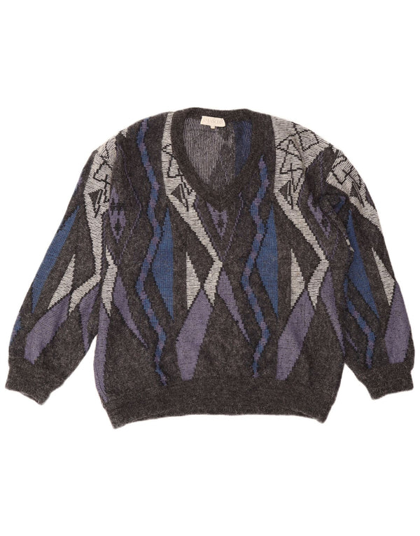 Vintage Mens V-Neck Jumper Sweater IT 54 XL Grey Geometric Wool