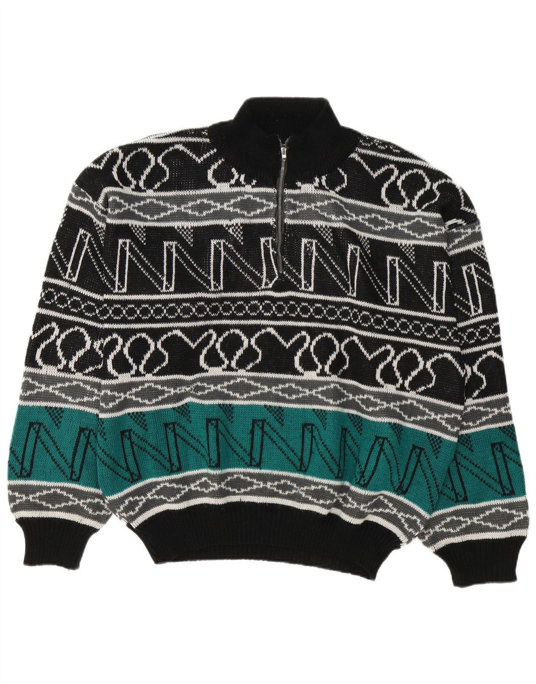 Vintage Mens Zip Neck Jumper Sweater Large Multicoloured Geometric