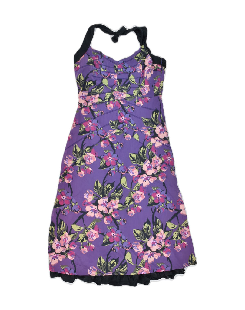 KAREN MILLEN Womens Halter Dress UK 10 Small Purple Floral Acetate | Vintage | Thrift | Second-Hand | Used Clothing | Messina Hembry 