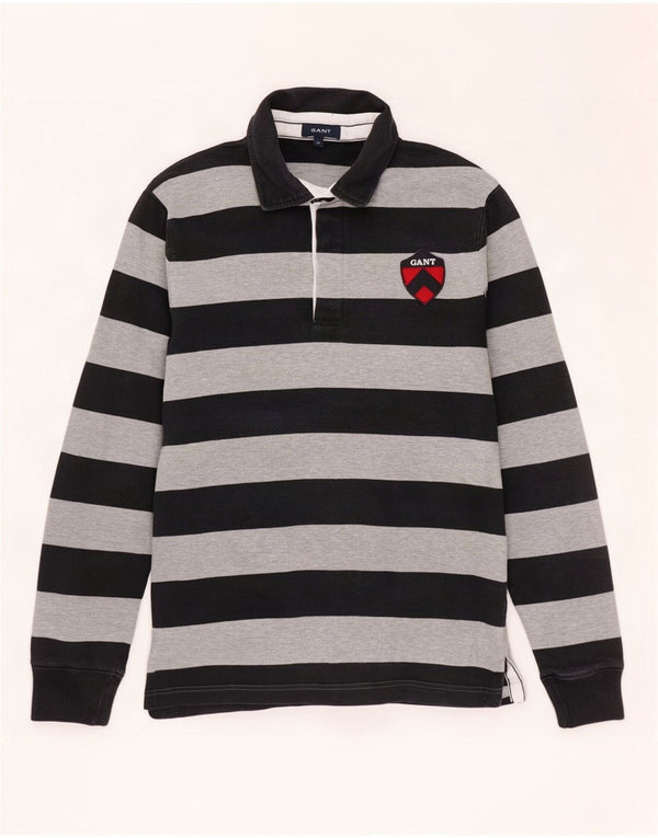 Gant Mens Long Sleeve Rugby Polo Shirt Medium Black Striped Cotton