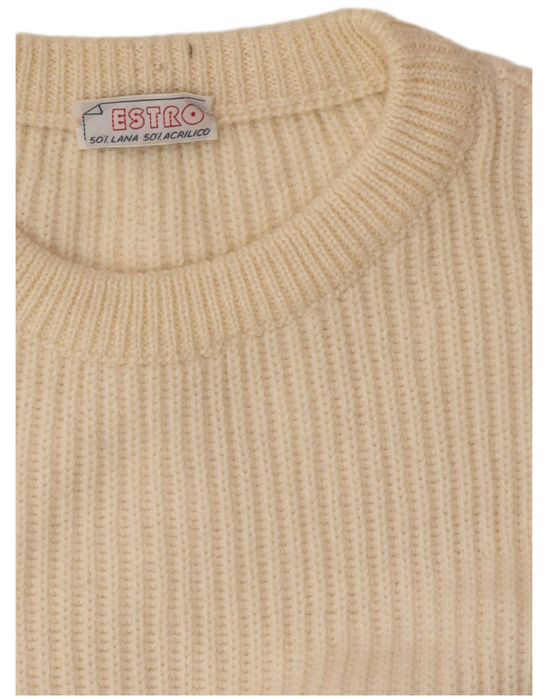 Vintage Mens Crew Neck Jumper Sweater Large Beige Colourblock Wool