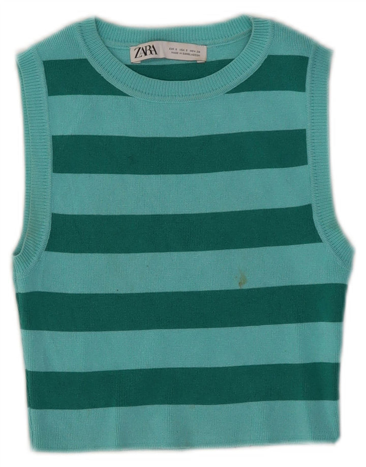 Zara Womens Crop Vest Top UK 8 Small Blue Striped Viscose