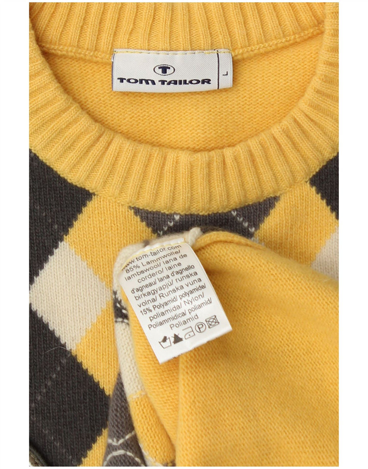 Tom Tailor Mens Crew Neck Jumper Sweater Large Yellow Argyle/Diamond