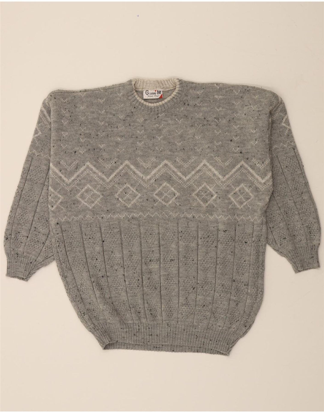 GIANNI Mens Crew Neck Jumper Sweater Large Grey Fair Isle Acrylic Vintage Gianni and Second-Hand Gianni from Messina Hembry 