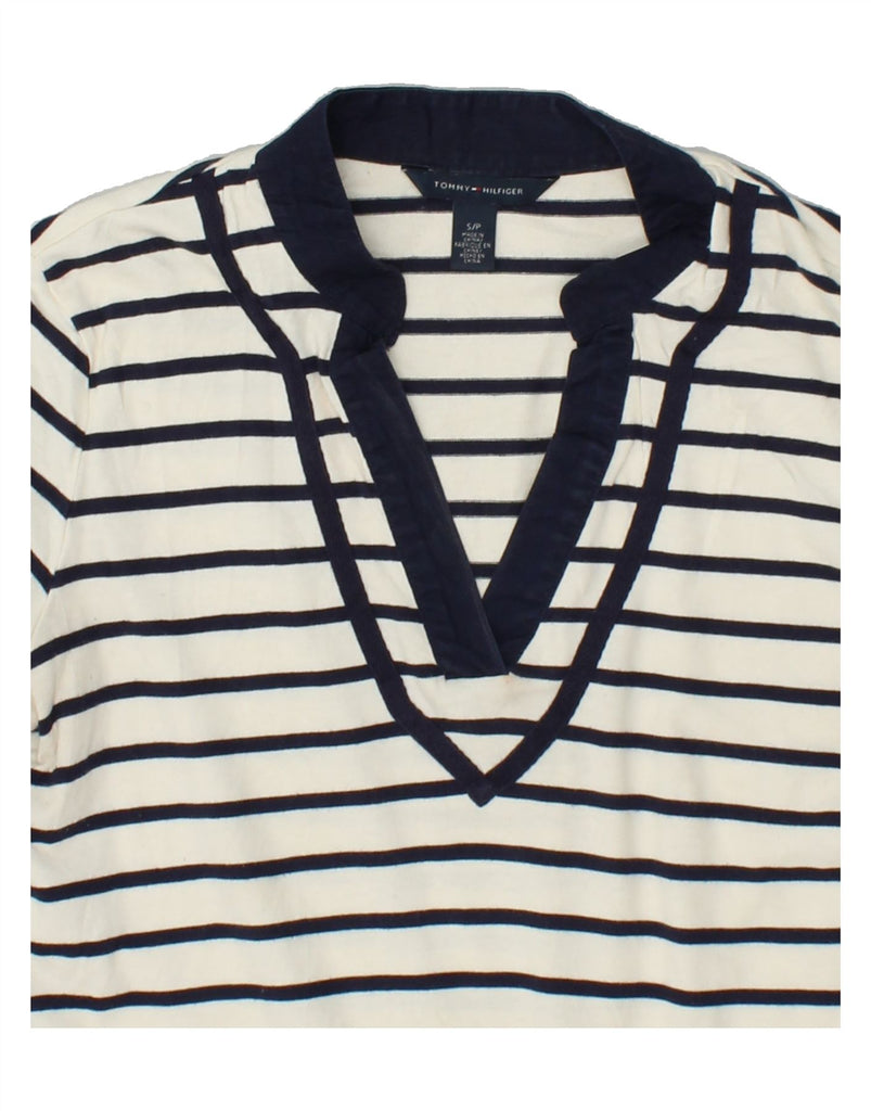 TOMMY HILFIGER Womens Top 3/4 Sleeve UK 10 Small Navy Blue Striped Cotton | Vintage Tommy Hilfiger | Thrift | Second-Hand Tommy Hilfiger | Used Clothing | Messina Hembry 