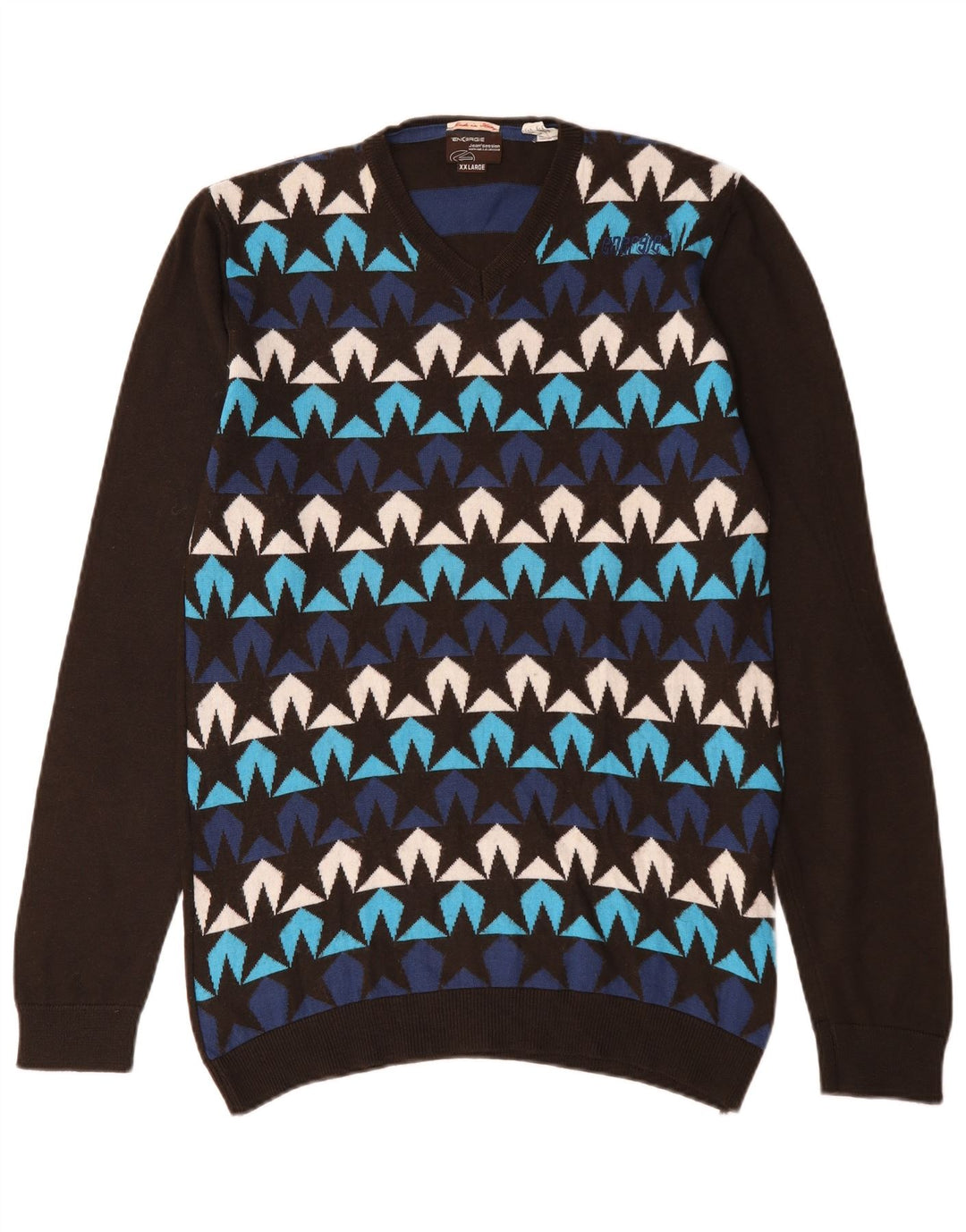 Energie Mens Abstract Pattern V-Neck Jumper Sweater 2XL Multicoloured Wool