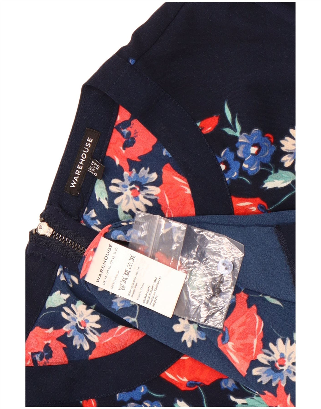 Warehouse Womens Long Sleeve Shift Dress UK 14 Medium Navy Blue Floral