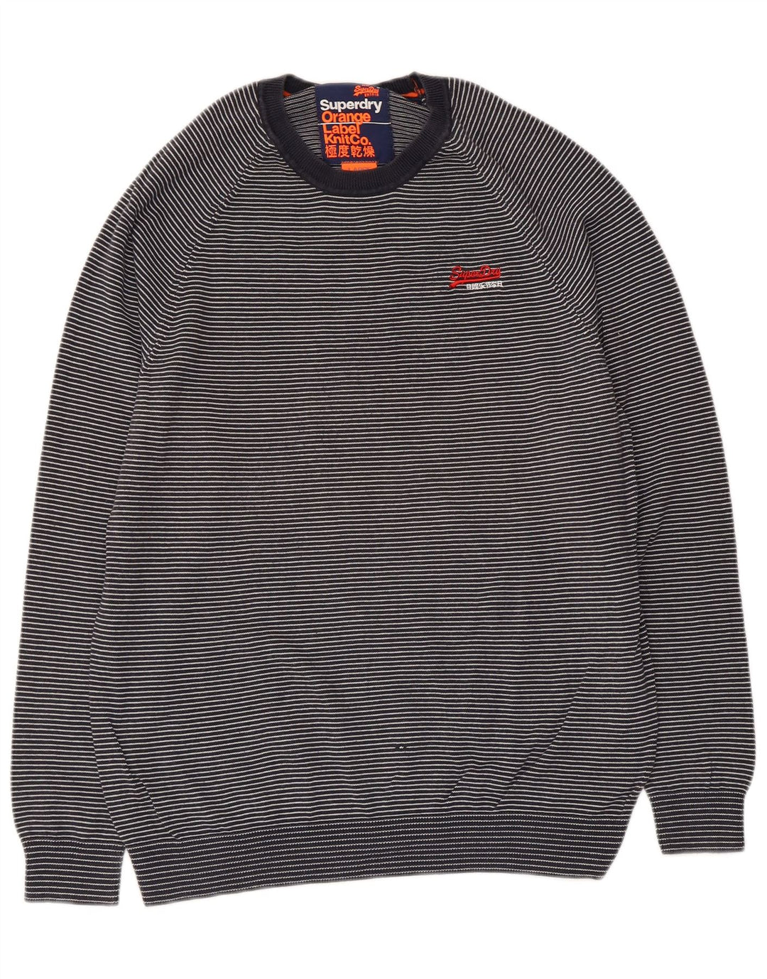 Superdry Mens Crew Neck Jumper Sweater Large Navy Blue Striped Cotton