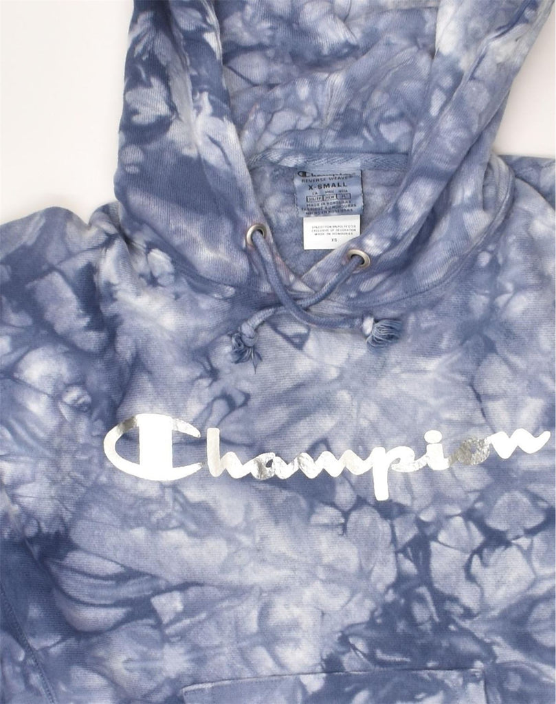 CHAMPION Womens Graphic Hoodie Jumper UK 6 XS Blue Tie Dye Cotton | Vintage Champion | Thrift | Second-Hand Champion | Used Clothing | Messina Hembry 