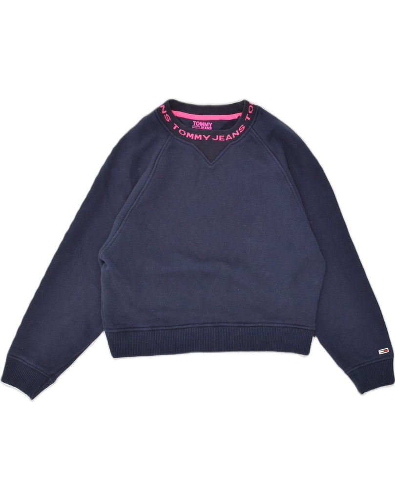 TOMMY HILFIGER Womens Crop Sweatshirt Jumper UK 12 Medium Navy Blue Cotton | Vintage Tommy Hilfiger | Thrift | Second-Hand Tommy Hilfiger | Used Clothing | Messina Hembry 