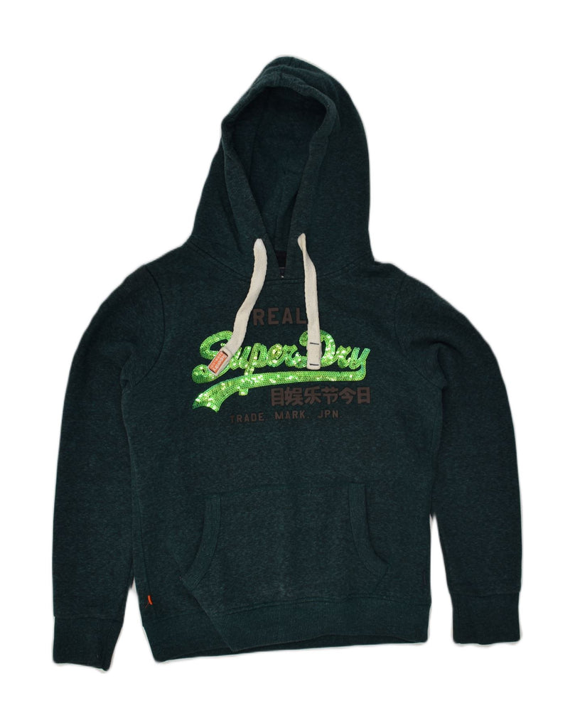 SUPERDRY Womens Graphic Hoodie Jumper UK 12 Medium Green Cotton | Vintage Superdry | Thrift | Second-Hand Superdry | Used Clothing | Messina Hembry 