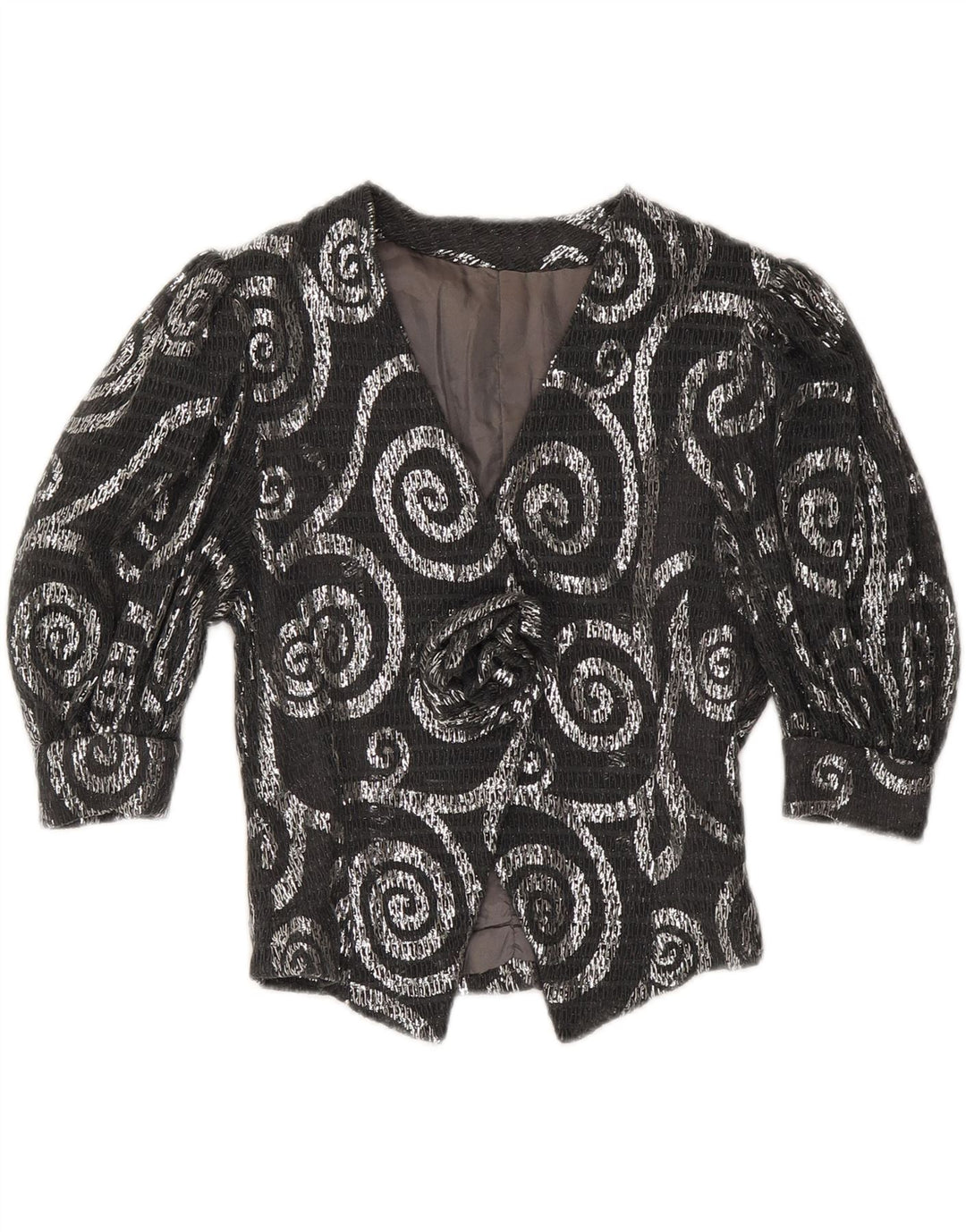 VINTAGE Womens 3/4 Sleeve Blazer Jacket UK 12 Medium Grey Paisley