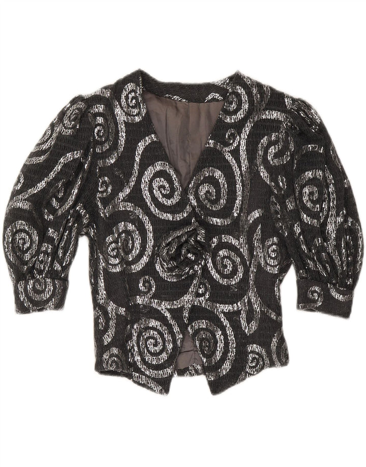 VINTAGE Womens 3/4 Sleeve Blazer Jacket UK 12 Medium Grey Paisley