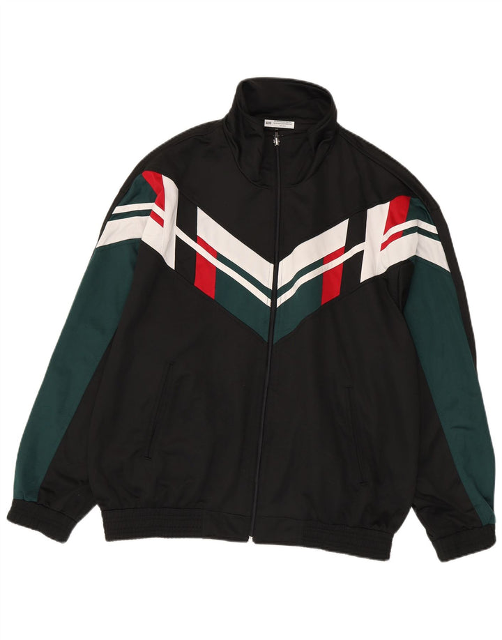Vintage Mens Tracksuit Top Jacket Large Black Colourblock Polyester