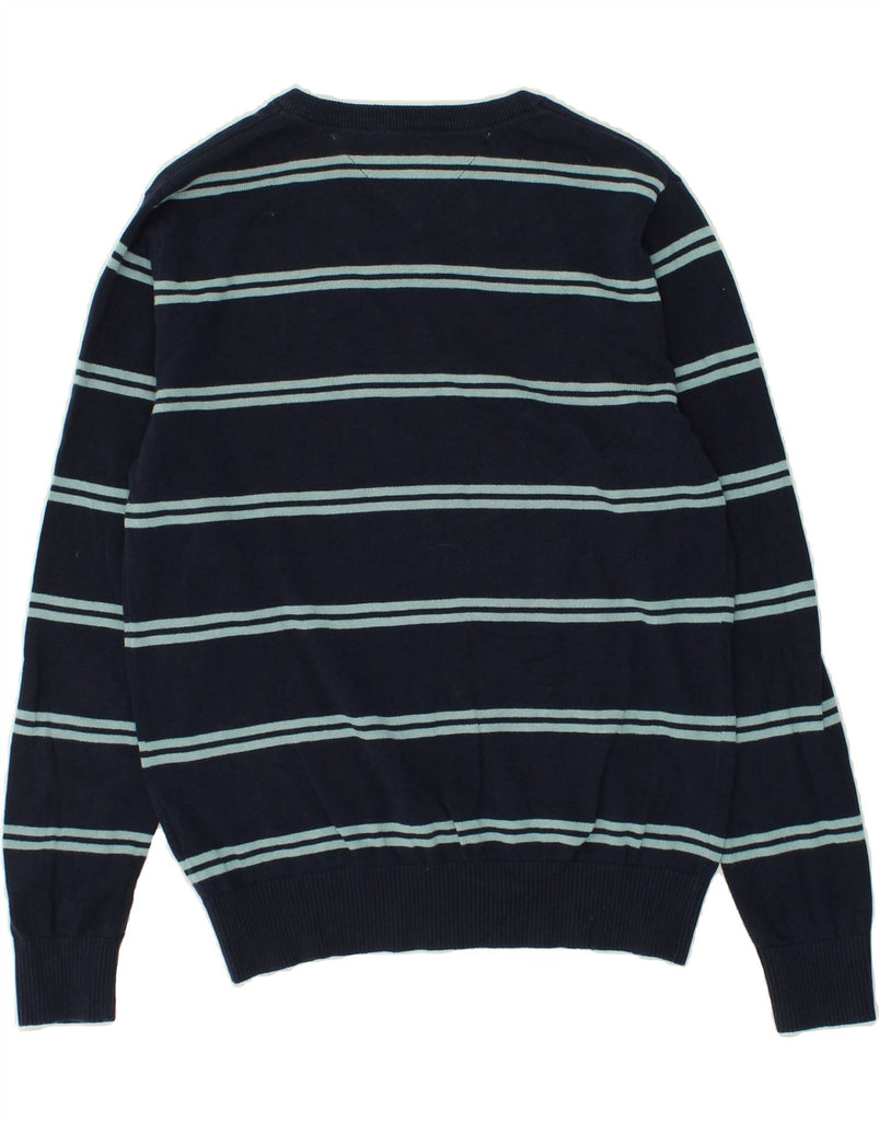 TOMMY HILFIGER Mens V-Neck Jumper Sweater Small Navy Blue Striped Cotton | Vintage Tommy Hilfiger | Thrift | Second-Hand Tommy Hilfiger | Used Clothing | Messina Hembry 