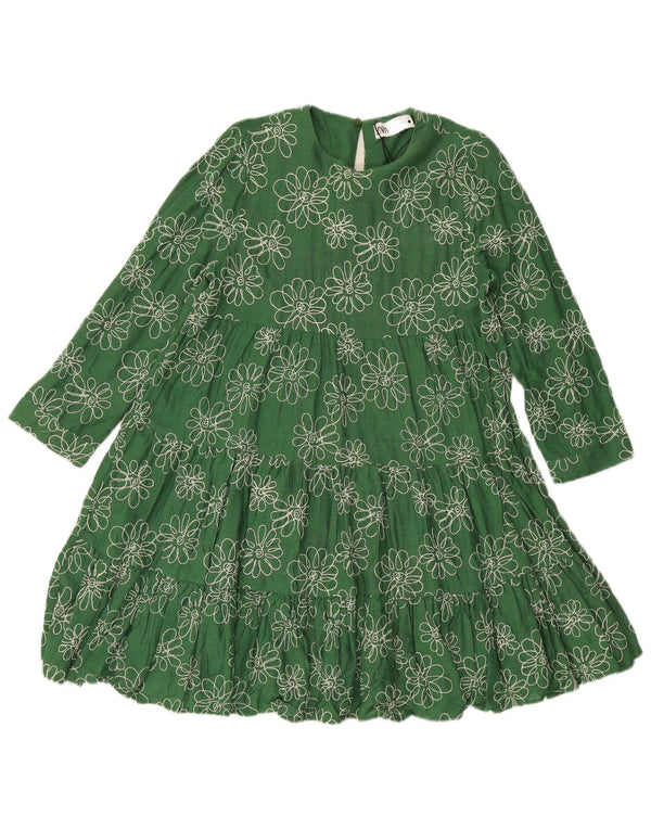 Zara Womens 3/4 Sleeve Loose Fit Tiered Dress UK 6 XS Green Floral Viscose