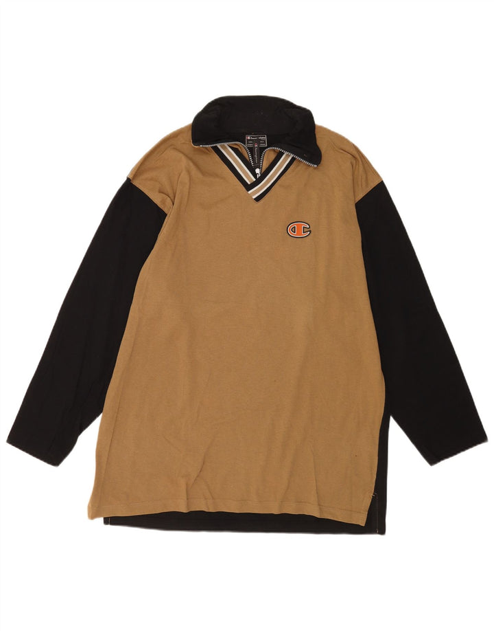 Champion Mens Zip Neck Top Long Sleeve Small Beige Colourblock Cotton