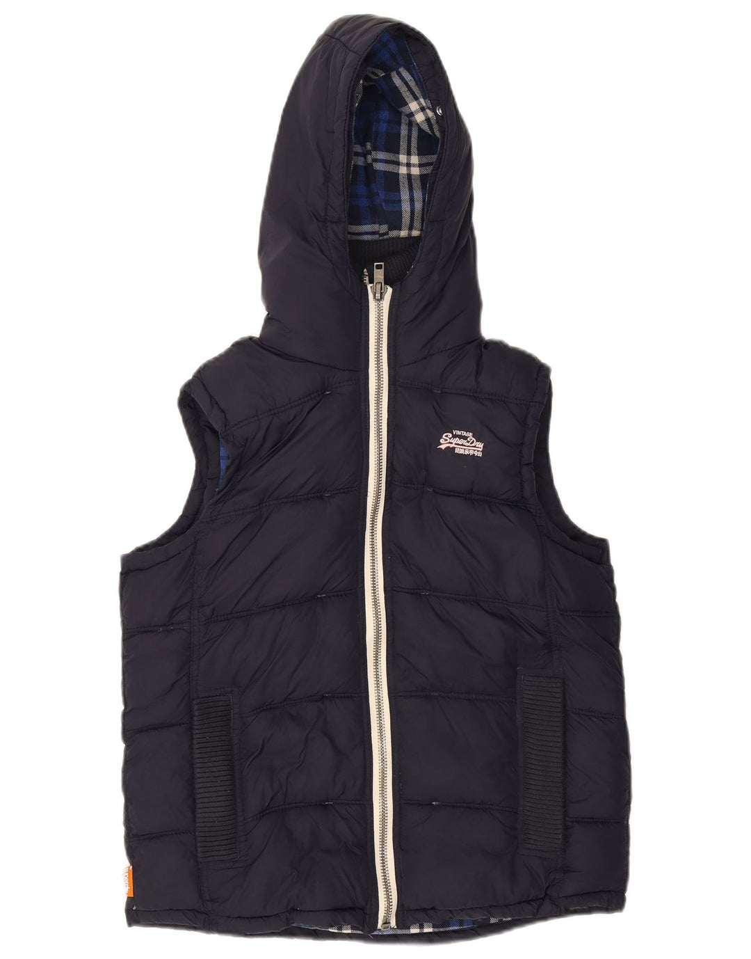 SUPERDRY Womens Hooded Padded Gilet UK 14 Medium Navy Blue Nylon