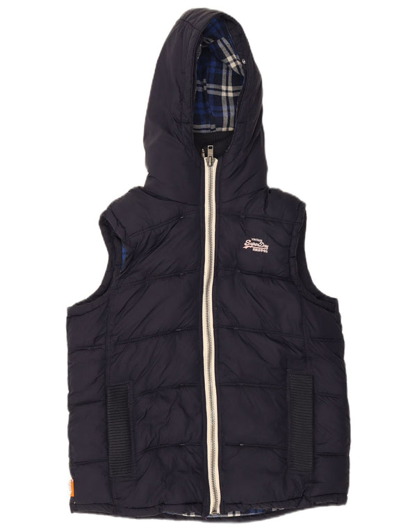 SUPERDRY Womens Hooded Padded Gilet UK 14 Medium Navy Blue Nylon