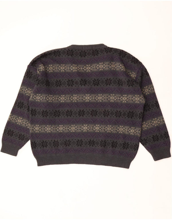 GALA Womens Oversized V-Neck Jumper Sweater UK 16 Large Purple Fair Isle