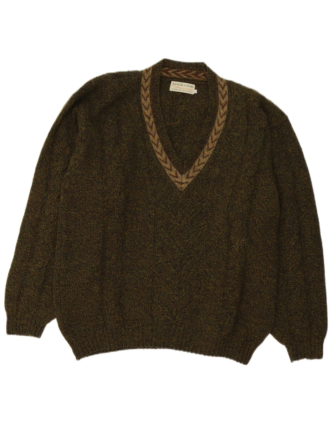 Macalastair Mens V-Neck Jumper Sweater Large Khaki Geometric Wool