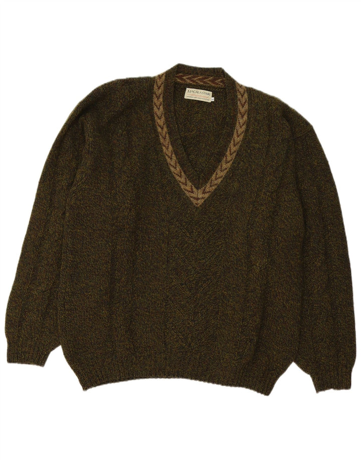 Macalastair Mens V-Neck Jumper Sweater Large Khaki Geometric Wool