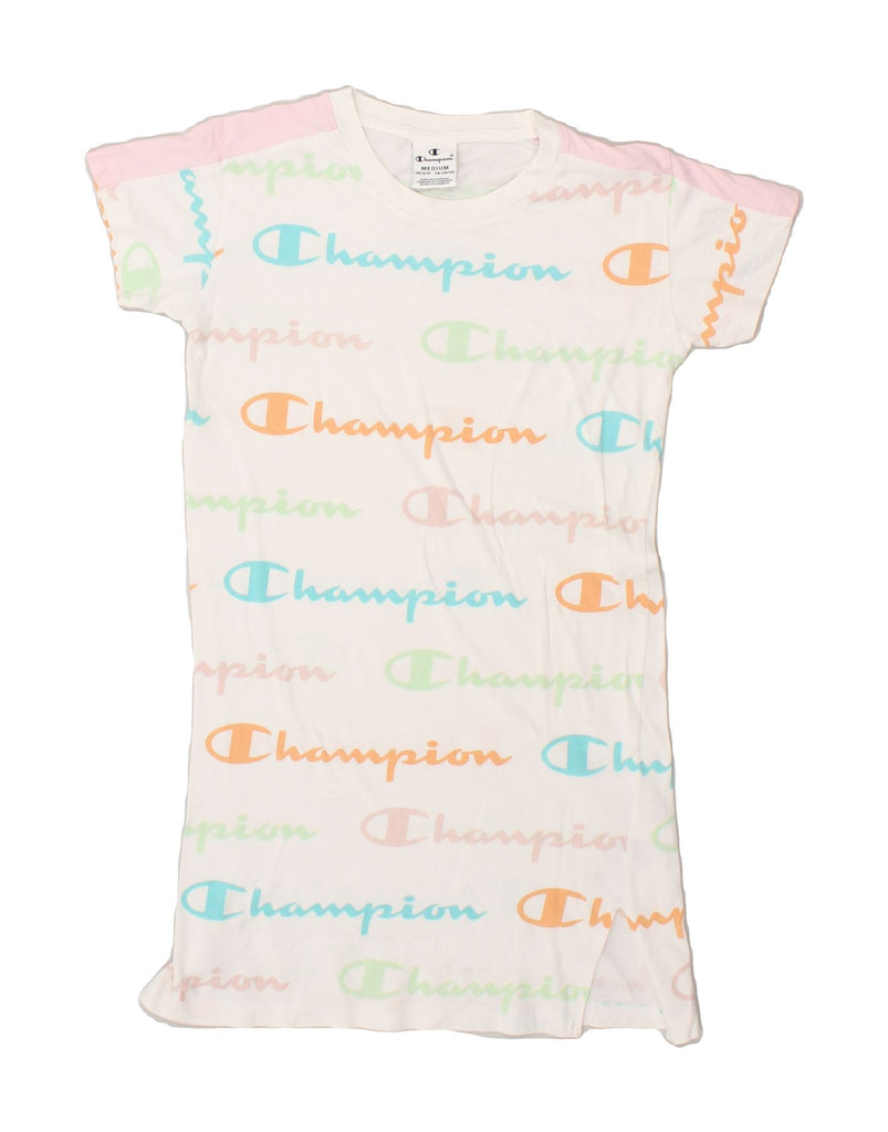 CHAMPION Girls Graphic T-Shirt Dress 9-10 Years Medium White Cotton Logo | Vintage Champion | Thrift | Second-Hand Champion | Used Clothing | Messina Hembry 