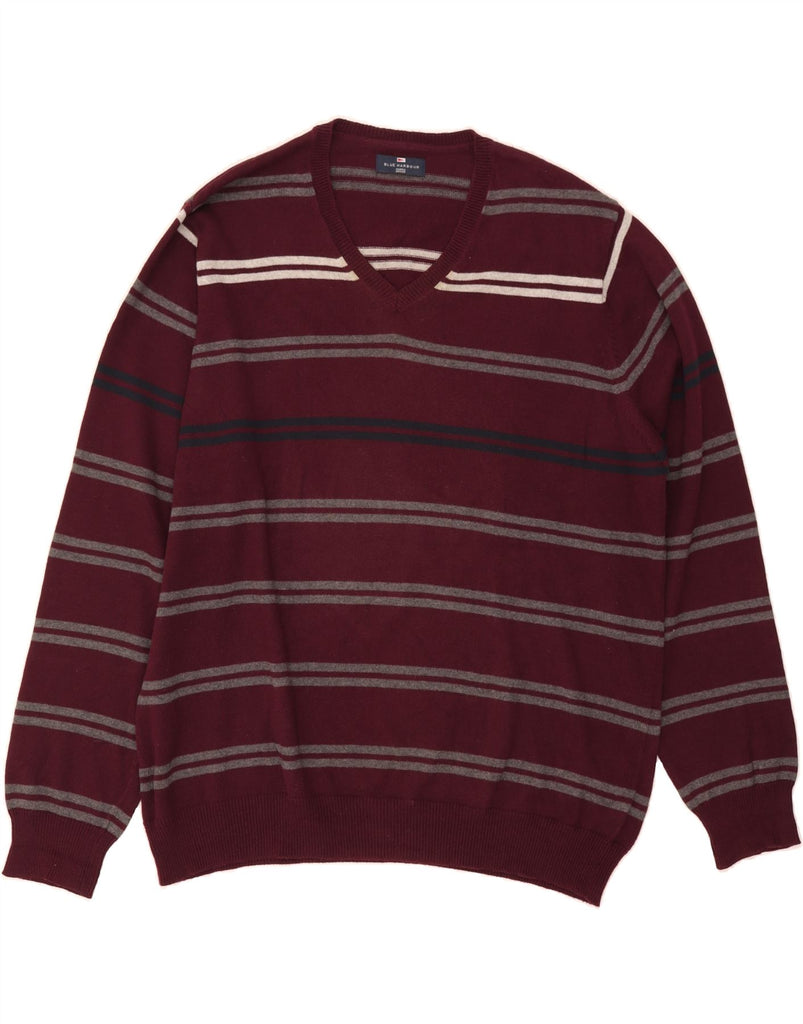 MARKS & SPENCER Mens V-Neck Jumper Sweater XL Burgundy Striped Cotton Vintage Marks & Spencer and Second-Hand Marks & Spencer from Messina Hembry 