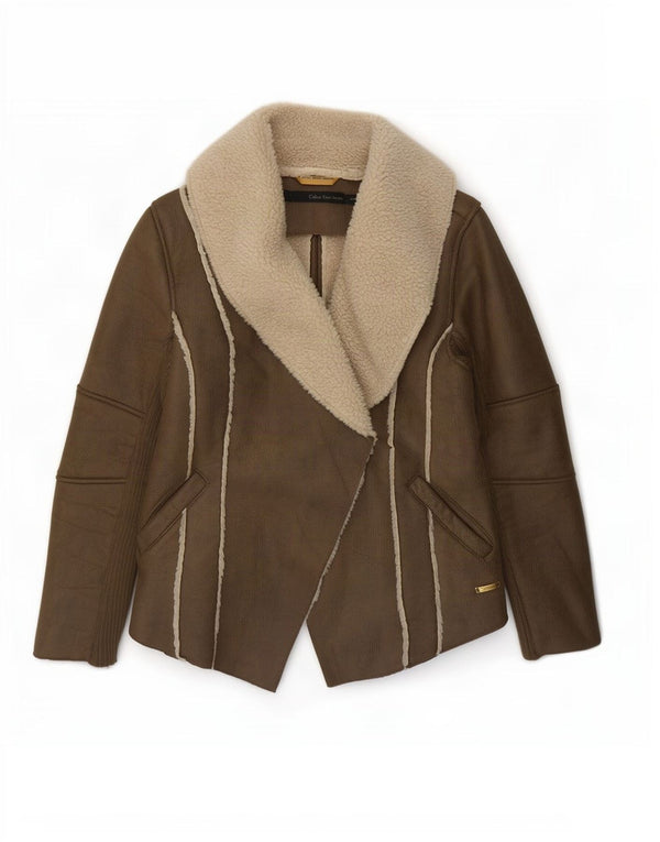 Calvin Klein Jeans Womens Sherpa Jacket UK 14 Medium Brown Polyester