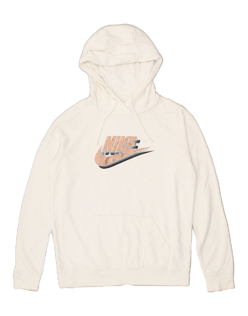 NIKE Womens Graphic Hoodie Jumper UK 10 Small Off White Cotton | Vintage Nike | Thrift | Second-Hand Nike | Used Clothing | Messina Hembry 