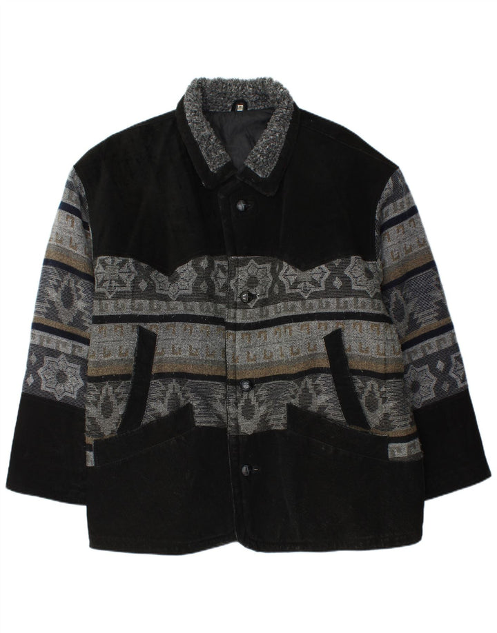 Vintage Mens Leather Jacket UK 42 XL Black Fair Isle Leather