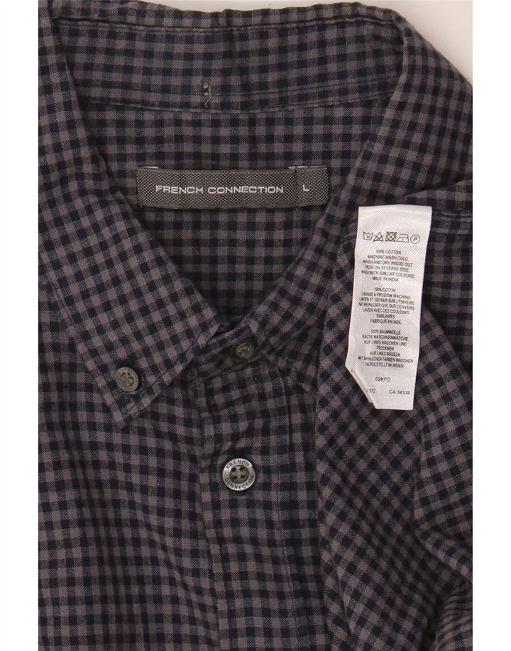 French Connection Mens Flannel Shirt Large Navy Blue Gingham Cotton