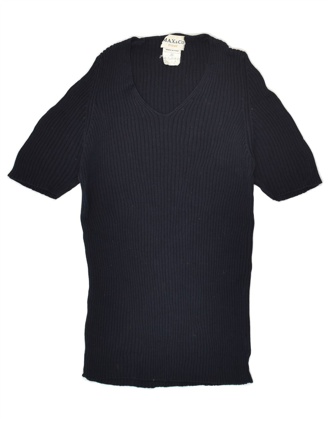 MAX&CO. Womens Short Sleeve V-Neck Jumper Sweater UK 12 Medium Navy Blue | Vintage Max&Co. | Thrift | Second-Hand Max&Co. | Used Clothing | Messina Hembry 