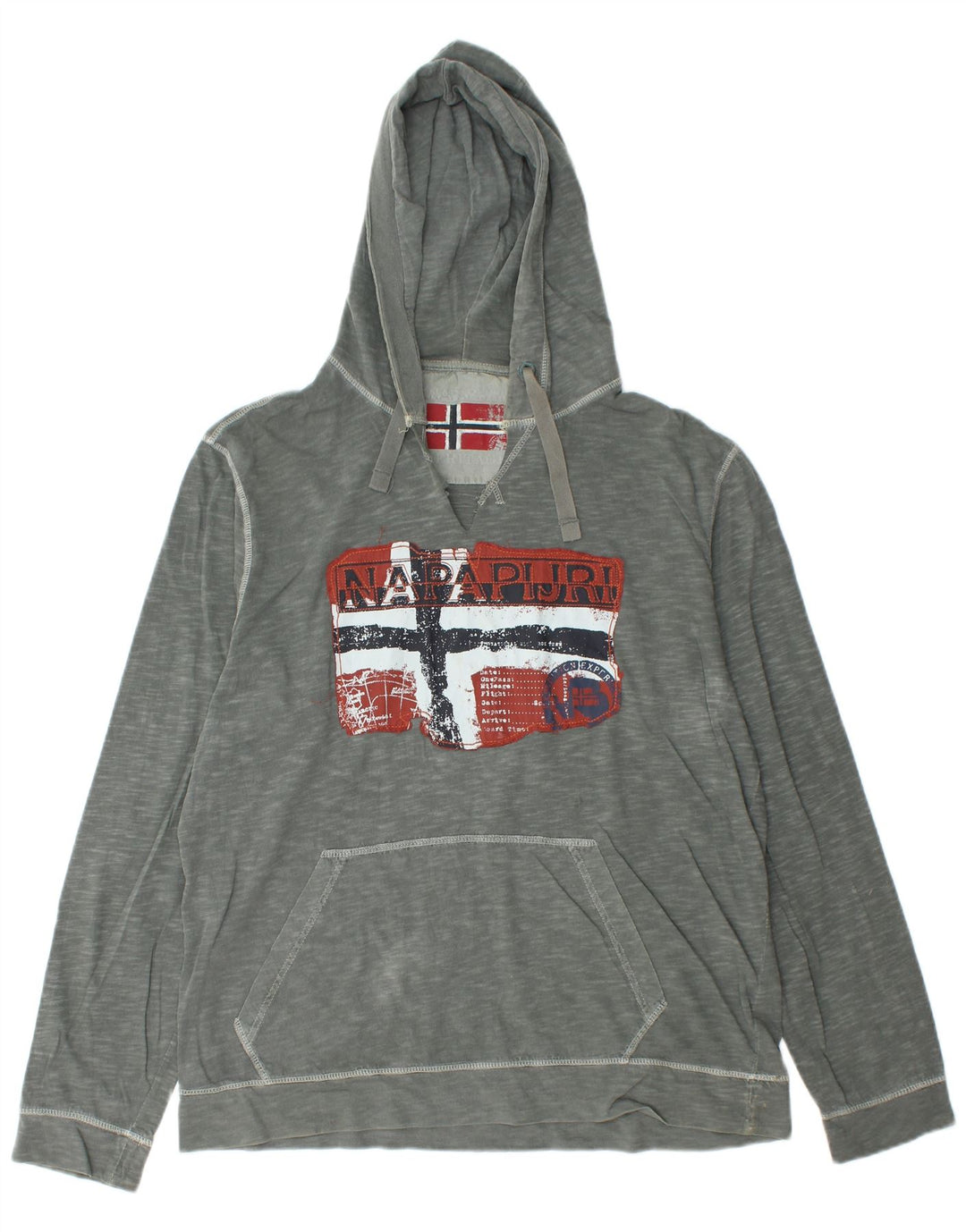 NAPAPIJRI Mens Hooded Graphic Top Long Sleeve Large Grey Flecked Cotton