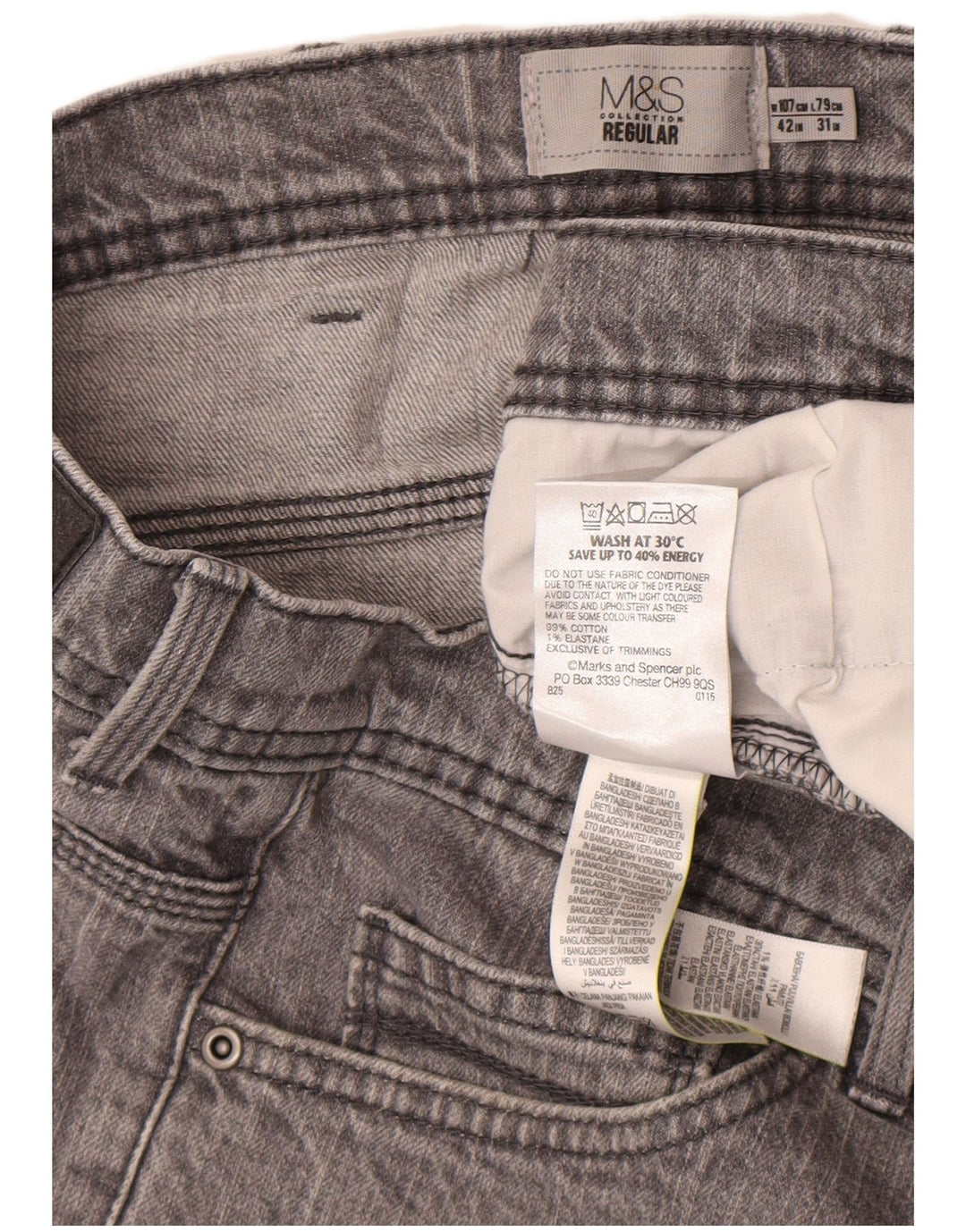 Marks & Spencer Mens Regular Fit Straight Jeans W42 L31 Grey Cotton