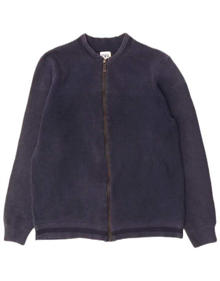 Zara Mens Cardigan Sweater Medium Navy Blue Pinstripe