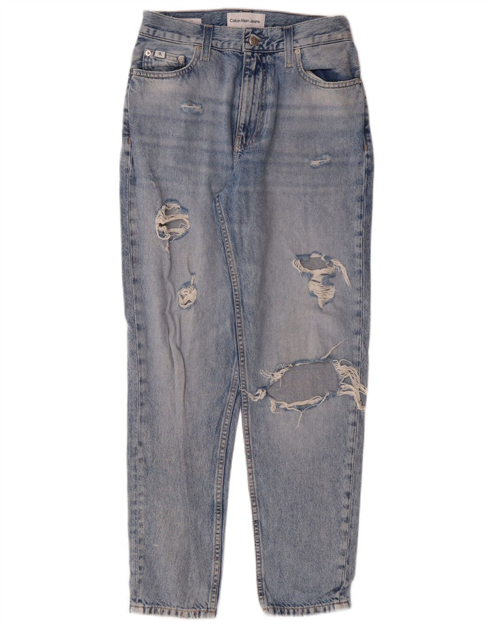 Calvin Klein Womens Distressed Tapered High Waist Jeans W26 L28 Blue Grunge