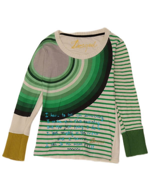 Desigual Womens Graphic Top Long Sleeve UK 12 Medium White Striped