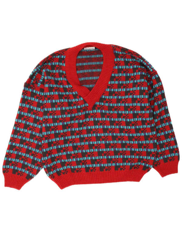 Four Seasons Mens V-Neck Jumper Sweater IT 50 Large Red Geometric Acrylic