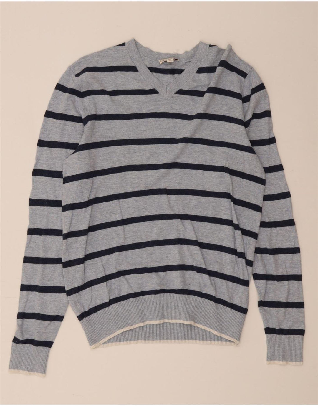 Gap Mens V-Neck Jumper Sweater Medium Blue Striped Cotton