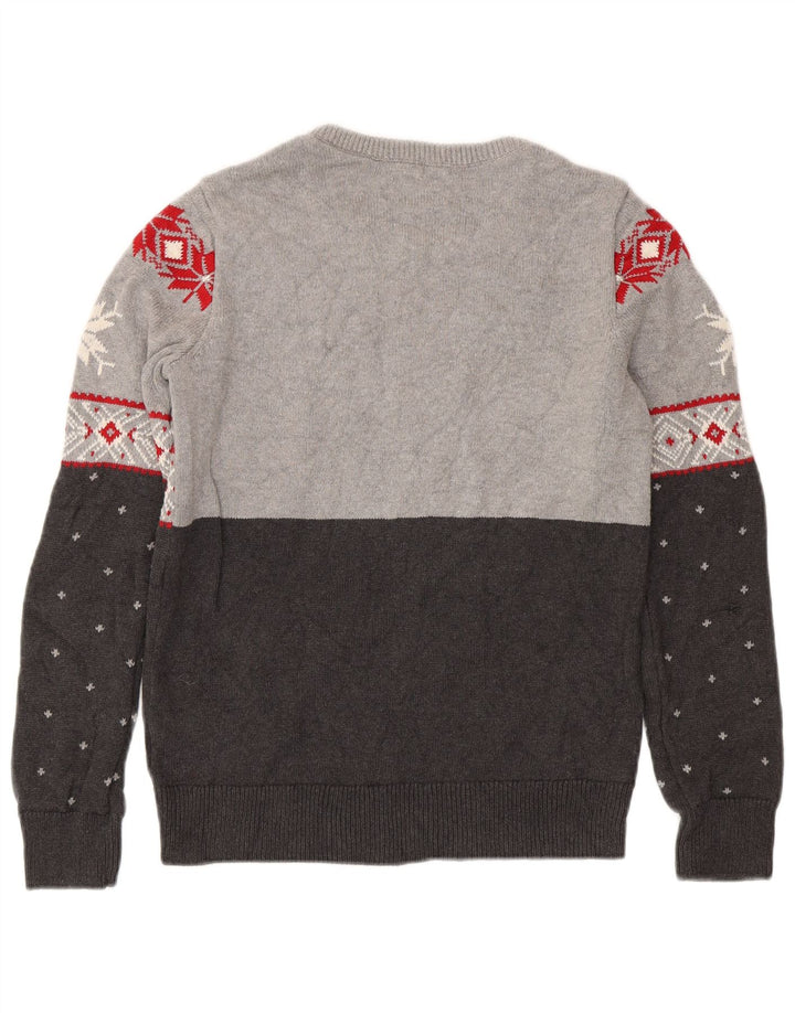 Chaps Mens Boat Neck Jumper Sweater Small Grey Fair Isle Cotton