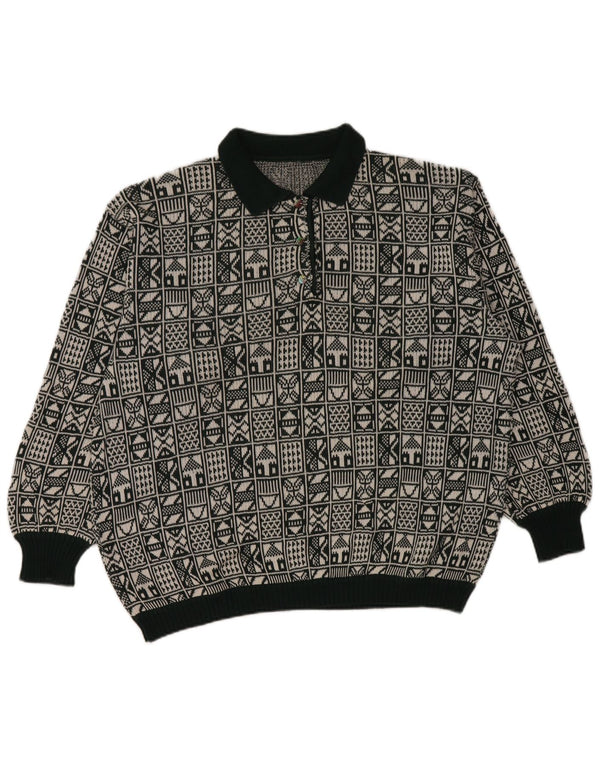 Vintage Womens Oversized Polo Neck Jumper Sweater UK 18 XL Grey Geometric