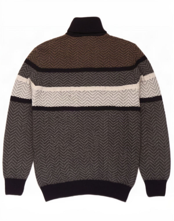 Vintage Mens Roll Neck Jumper Sweater Large Grey Chevron Wool