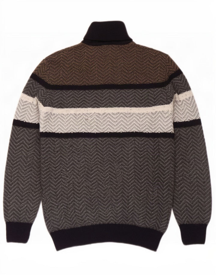 Vintage Mens Roll Neck Jumper Sweater Large Grey Chevron Wool