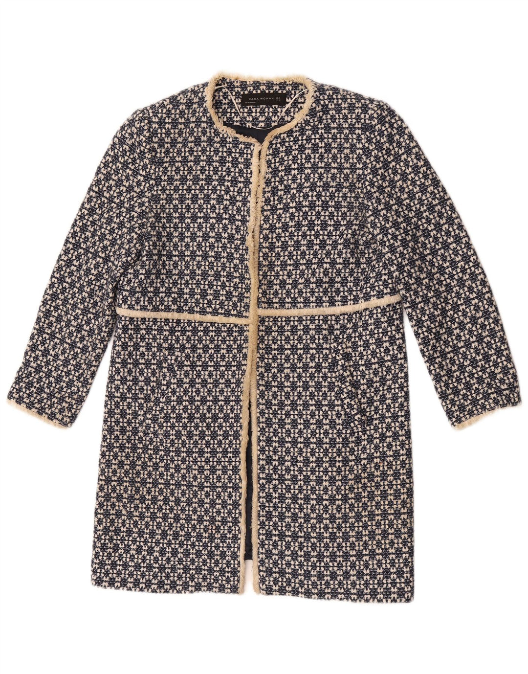 Zara Womens Open Overcoat UK 12 Medium Navy Blue Geometric Cotton