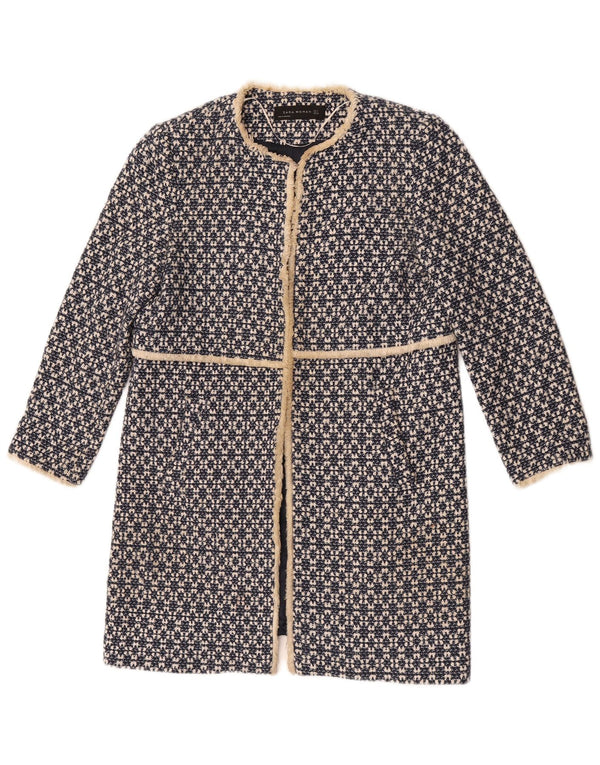 Zara Womens Open Overcoat UK 12 Medium Navy Blue Geometric Cotton